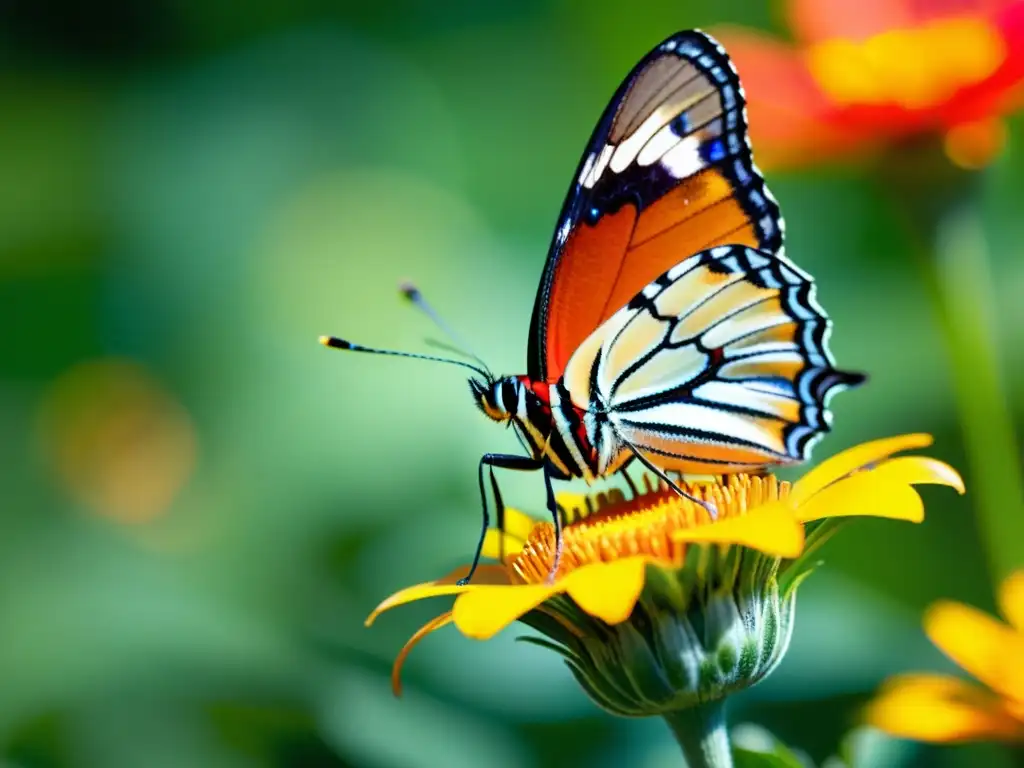 Mariposa colorida libando en flor, detallando alas y antenas