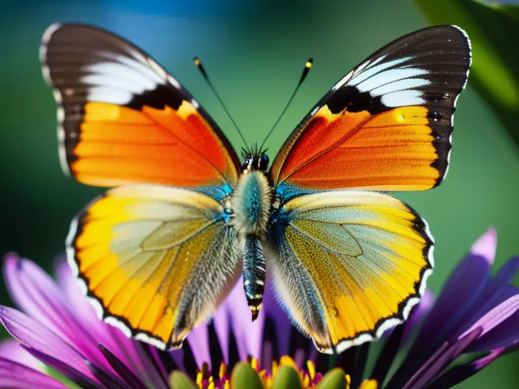 Mariposa colorida en flor, detallando alas y pétalos