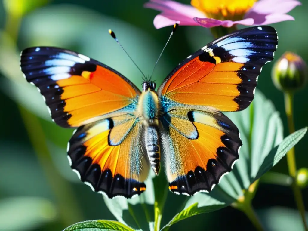 Una mariposa colorida descansa en una flor vibrante, con detalles precisos de sus alas delicadas y patrones iridiscentes