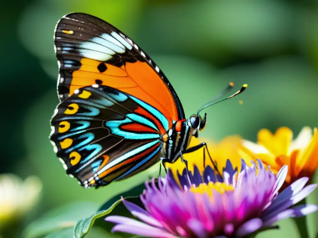 Una mariposa colorida descansa en una flor vibrante, con sus delicadas alas y texturas detalladas iluminadas por el sol