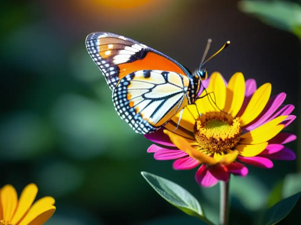 Una mariposa colorida descansa en una flor vibrante, iluminada por el sol