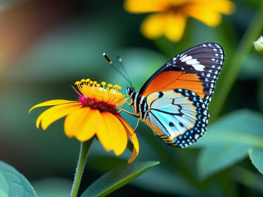 Una mariposa colorida en una flor vibrante, con alas iridiscentes