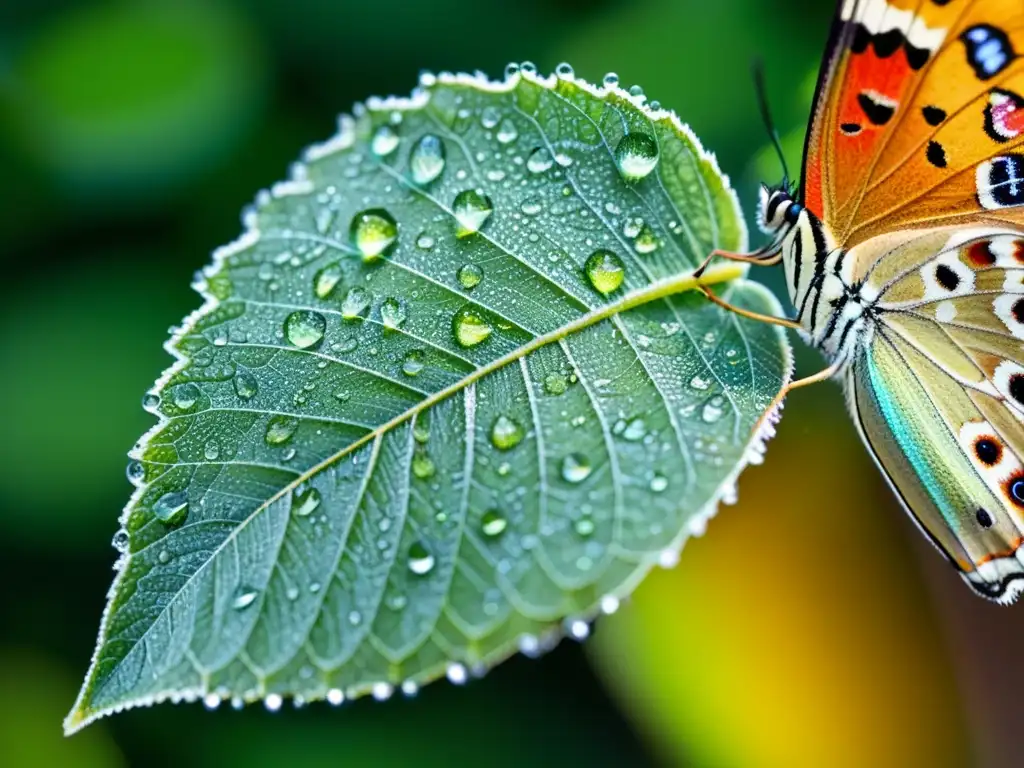 Una mariposa colorida descansa sobre una hoja verde salpicada de gotas de rocío, resaltando la importancia de educación ambiental sobre insectos