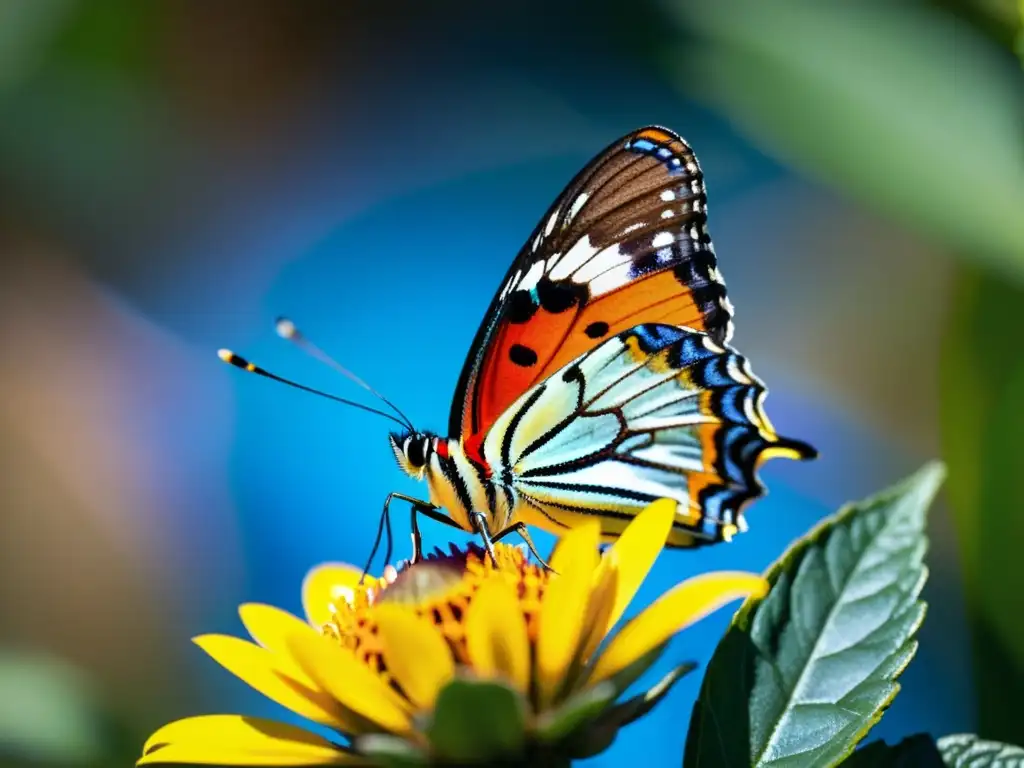 Mariposa colorida posada en una flor, con alas delicadas desplegadas