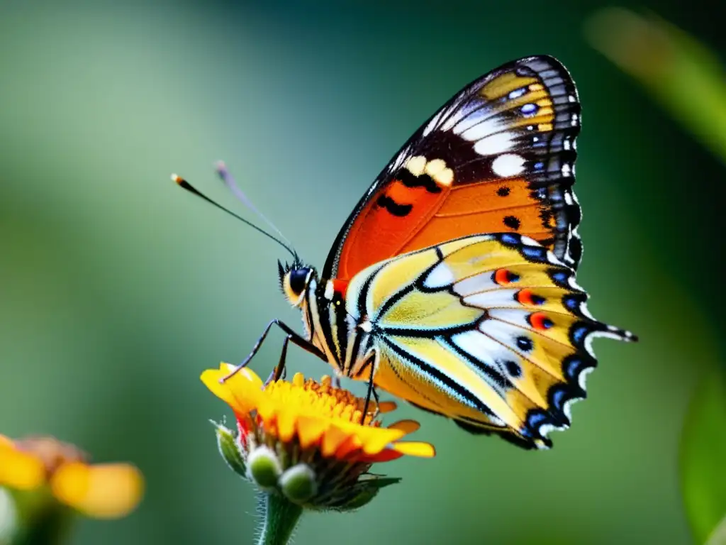 Mariposa colorida posada en flor, detallada y etérea