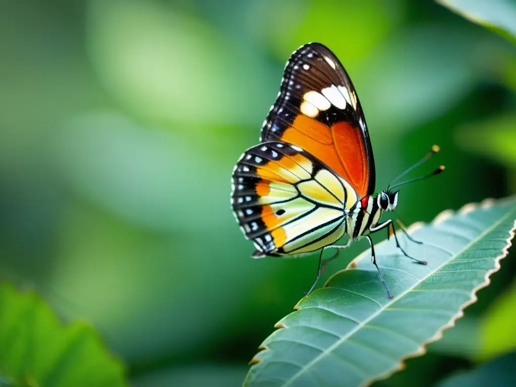 Una mariposa colorida posada en una hoja verde vibrante, con detalles detallados en sus alas y el cuerpo