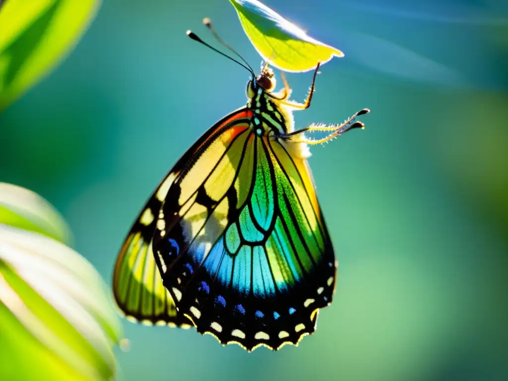 Una mariposa emerge de su crisálida, desplegando sus alas delicadas y transparentes bajo la luz del sol