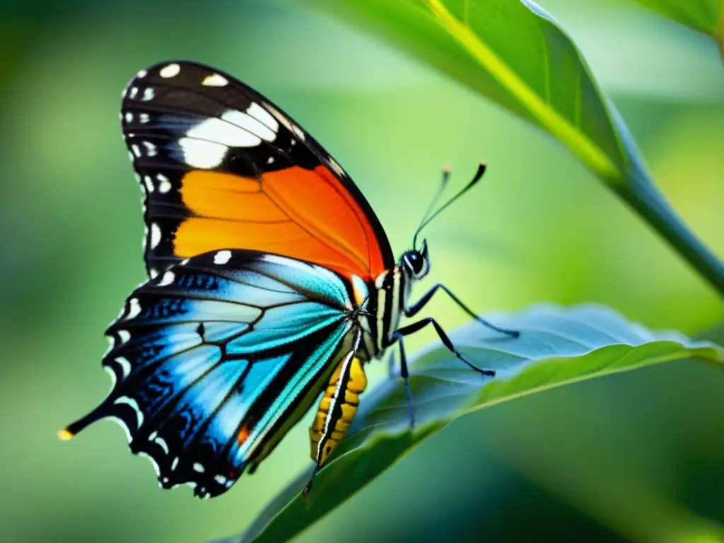 Mariposa emergiendo de su crisálida, con alas delicadas y transparentes brillando al sol