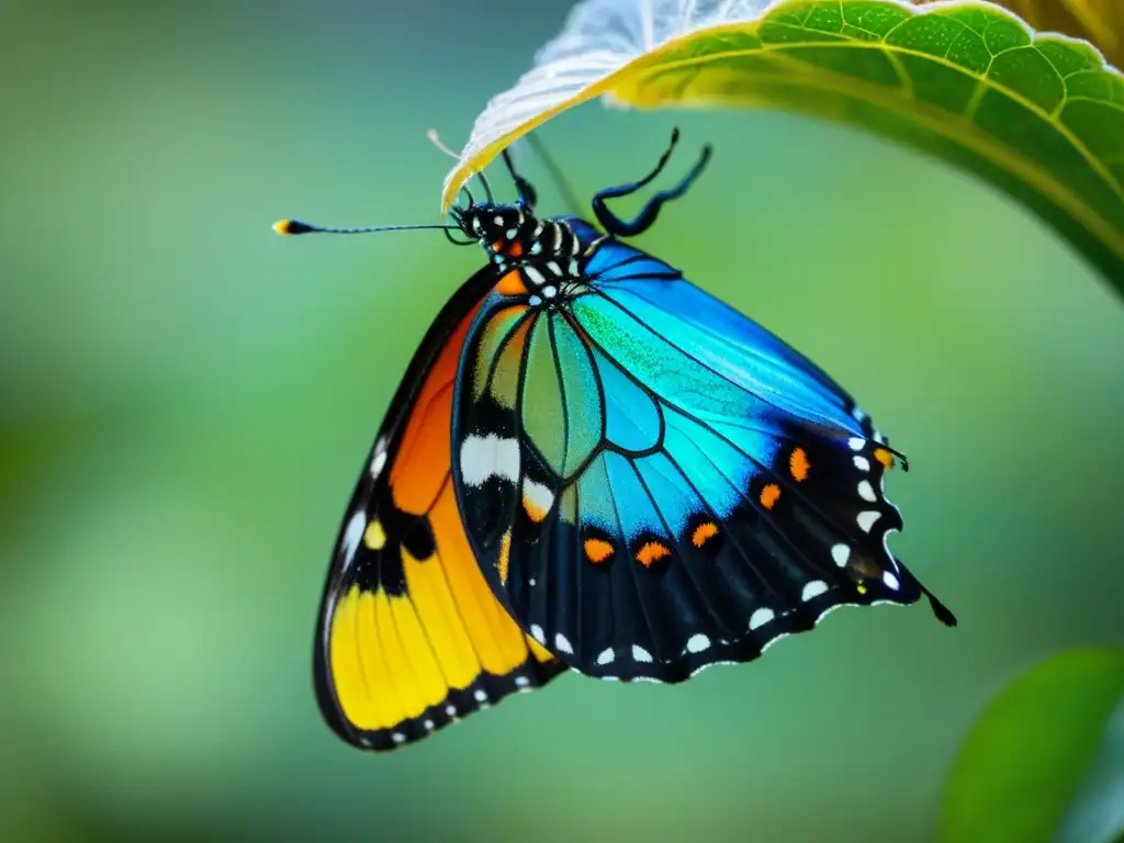 Mariposa emergiendo de su crisálida con alas vibrantes y patrones intrincados