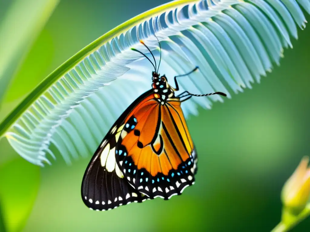 Una mariposa emerge de su crisálida con patrones y colores vibrantes, iluminada por el sol