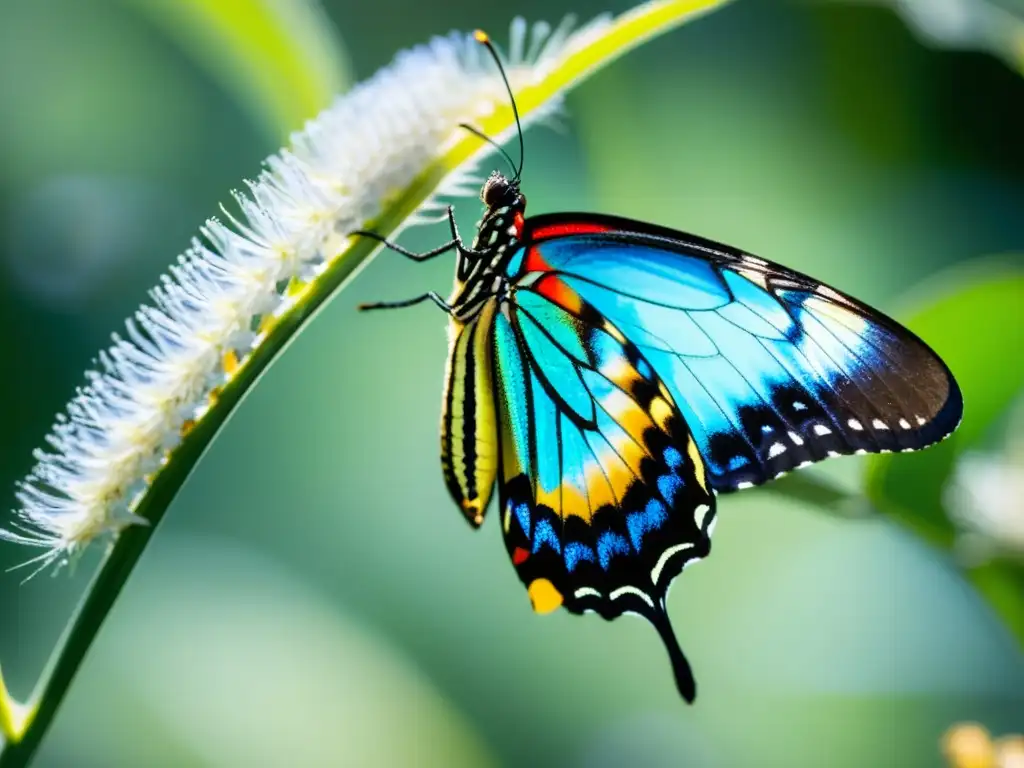 Mariposa emergiendo de su crisálida, con patrones vibrantes y detallados en sus alas