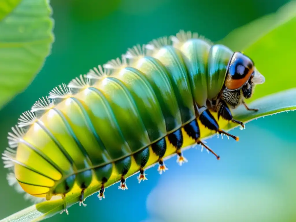 Una mariposa emerge de su crisálida verde, con alas transparentes desplegándose