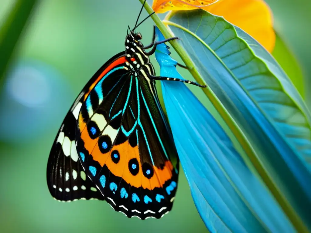 Mariposa emergiendo de su crisálida, con vibrantes tonos de azul, verde y naranja en sus delicadas alas