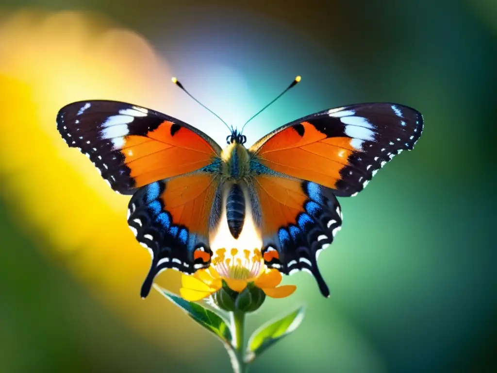 Una mariposa detallada descansa en un pétalo, revelando sus alas iridiscentes bajo la luz solar, en un momento íntimo de la naturaleza