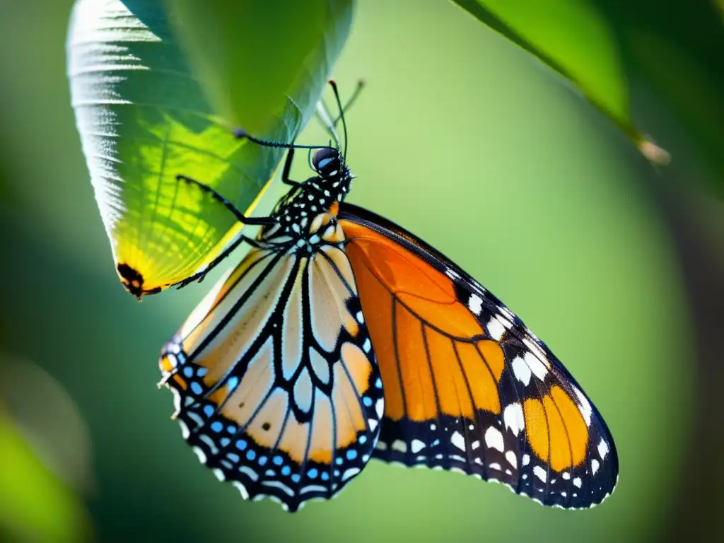 Una mariposa monarca recién emergida despliega sus alas naranjas y negras en un delicado primer vuelo