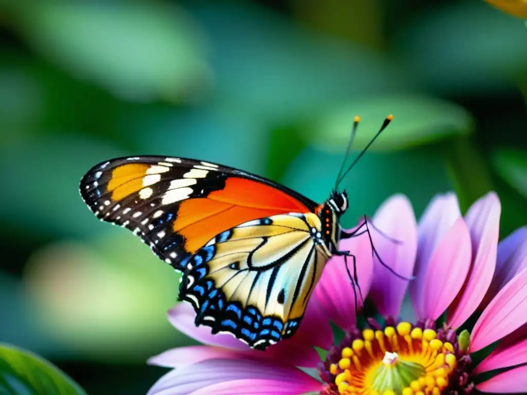 Una mariposa exótica del trópico descansa sobre una delicada flor