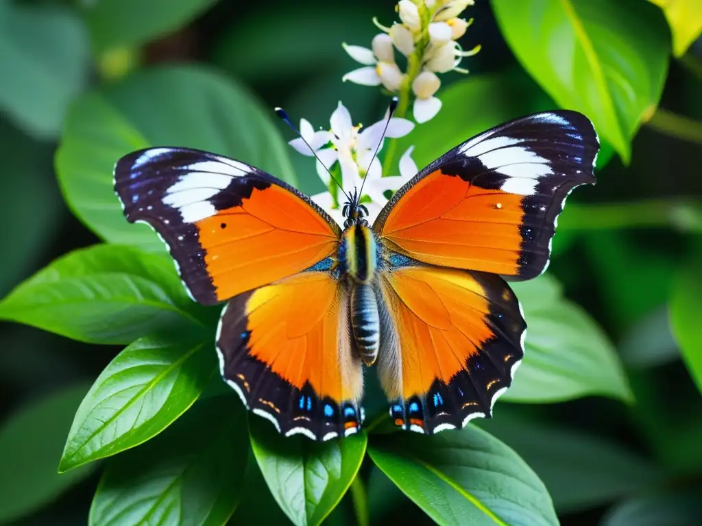 Una mariposa exótica del trópico descansa sobre una exuberante flor, mostrando sus vibrantes colores y patrones intrincados