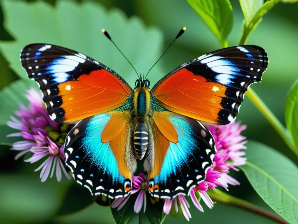 Una mariposa iridiscente descansa en una flor, con sus alas delicadas abiertas, mostrando un patrón y coloración hipnotizantes