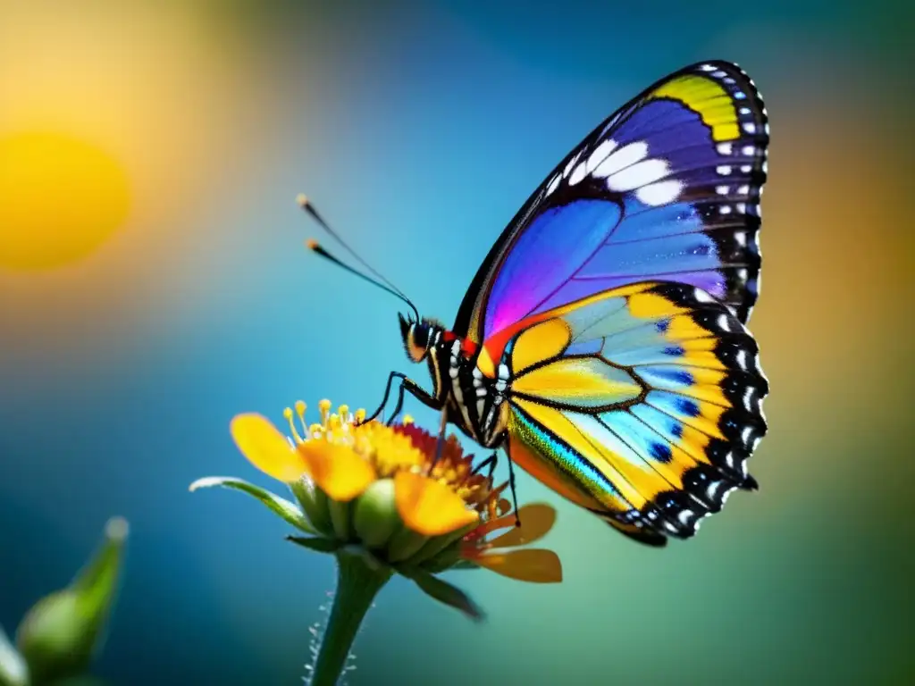 Una mariposa iridiscente descansa en una flor, sus alas desplegadas muestran patrones y texturas