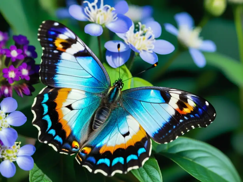 Una mariposa iridiscente descansa en una flor, con colores vibrantes que muestran la belleza natural