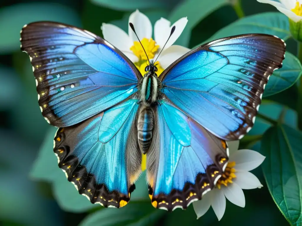 Una mariposa Morpho iridiscente descansa en una flor, mostrando sus detalles