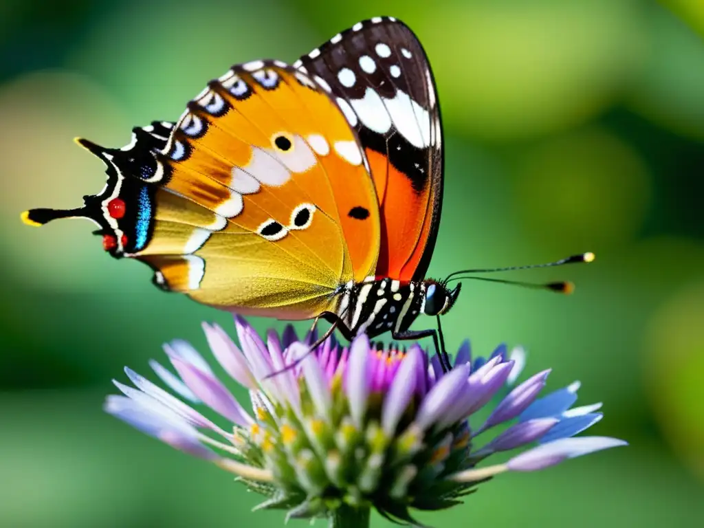 Una mariposa iridiscente se posa en una flor, mientras la importancia ecológica de mariposas y polillas se revela en esta imagen de belleza natural