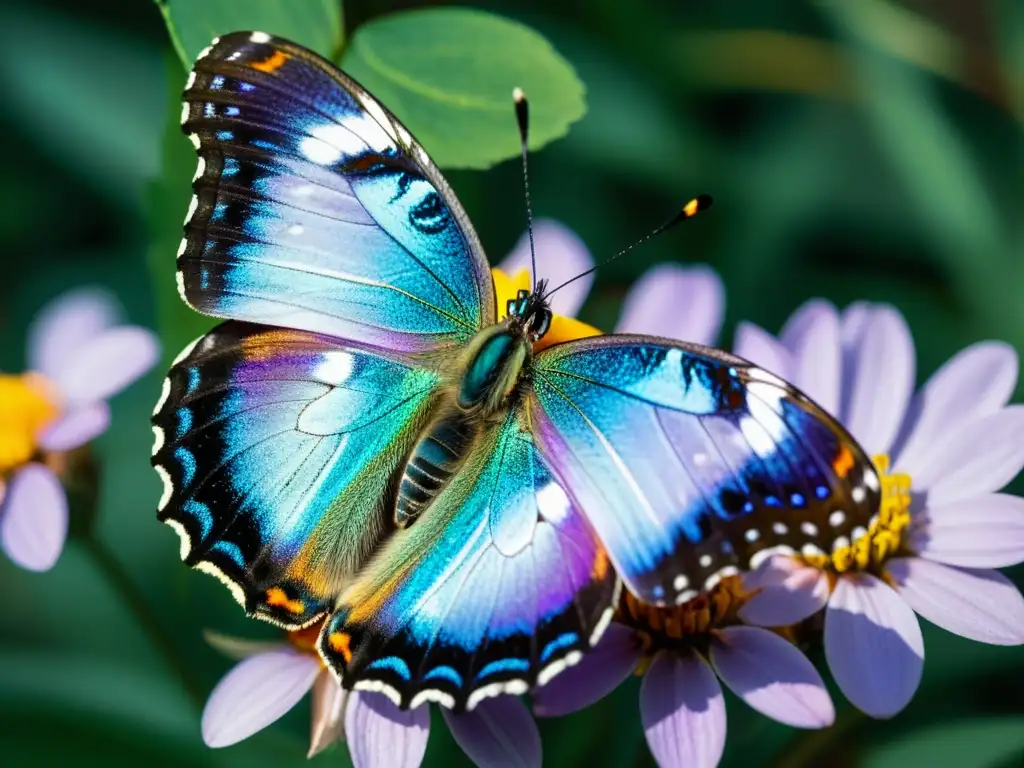 Una mariposa iridiscente descansa en una flor, mostrando la importancia ecológica de mariposas y polillas en la naturaleza