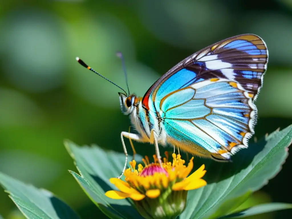 Una mariposa iridiscente descansa delicadamente sobre una flor, en una fotografía macro de insectos especializada