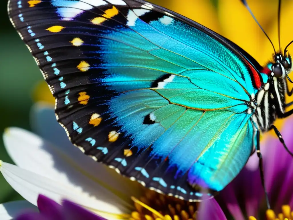 Una mariposa iridiscente reposa en una flor vibrante, mientras el sol resalta los detalles de sus alas