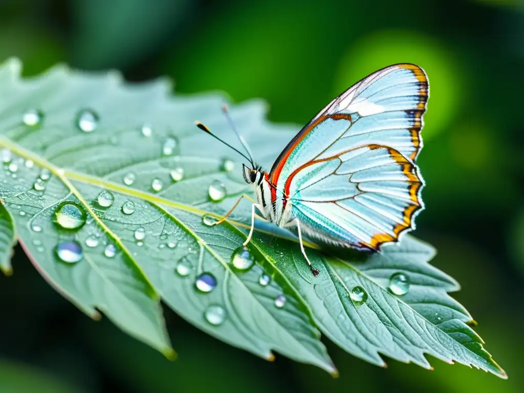 Una mariposa iridiscente descansa sobre una hoja cubierta de gotas de agua