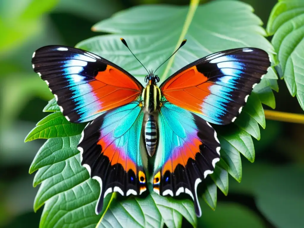 Mariposa iridiscente en hoja verde