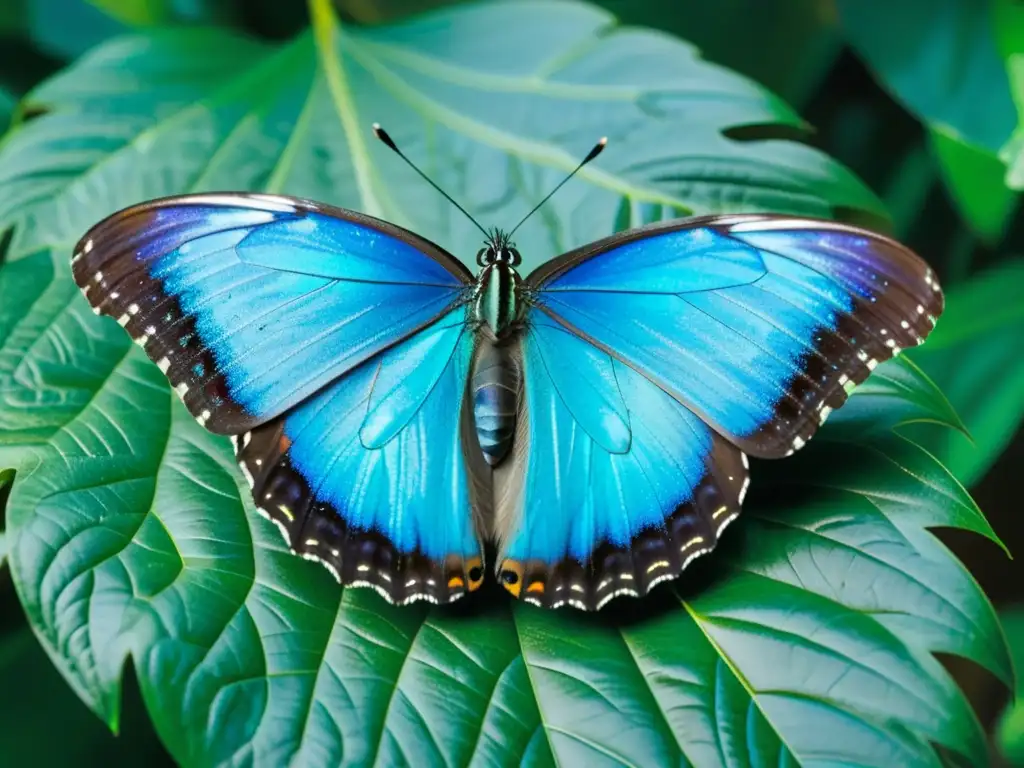 Una mariposa Morpho iridiscente descansa en una hoja verde, revelando la importancia ecológica de mariposas y polillas en la naturaleza