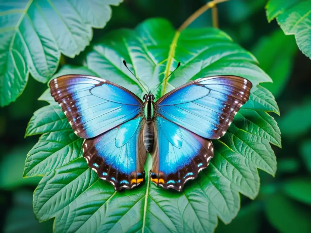 Una mariposa Morpho iridiscente descansa en una hoja