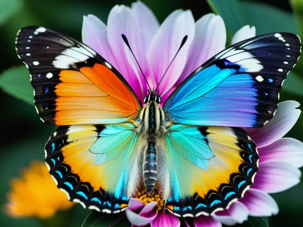 Una mariposa iridiscente reposa delicadamente en un pétalo de flor, mostrando sus intrincados patrones y colores