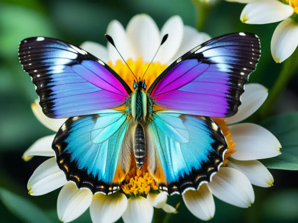 Una mariposa iridiscente descansa en un pétalo, rodeada de luz suave y delicadeza floral