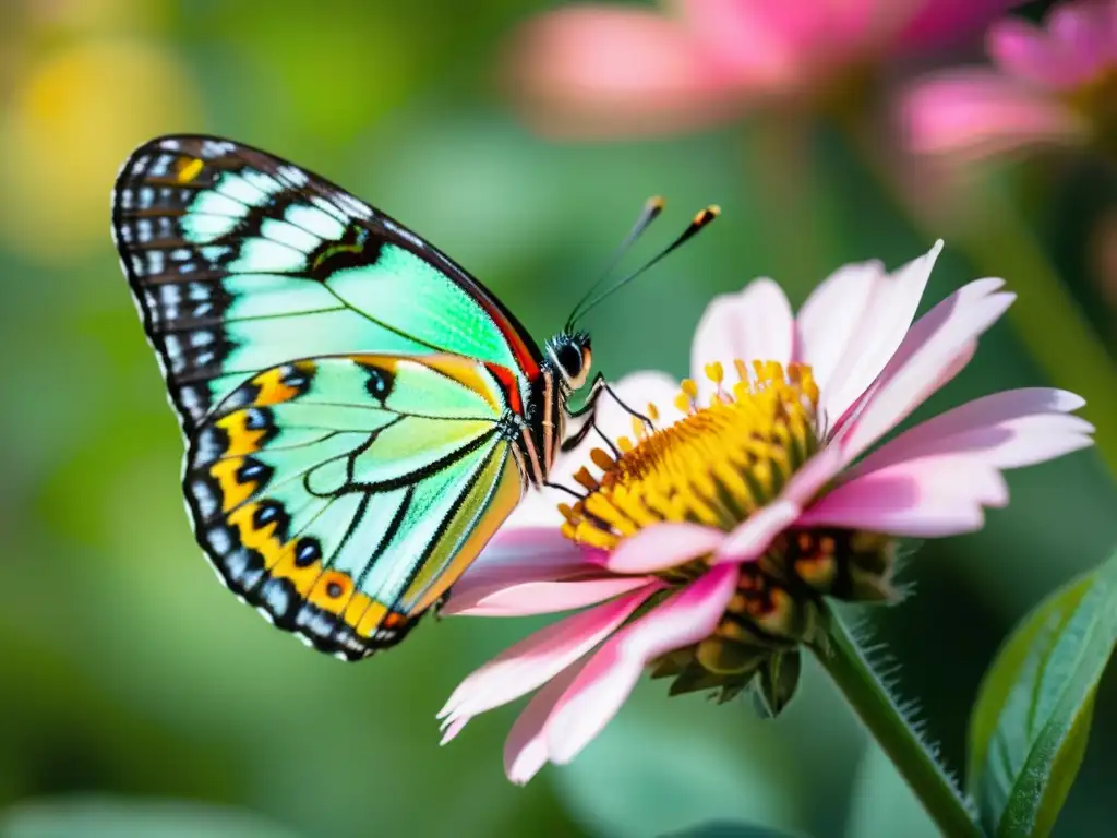 Una mariposa iridiscente posada en una flor rosa, resplandece bajo la luz del sol