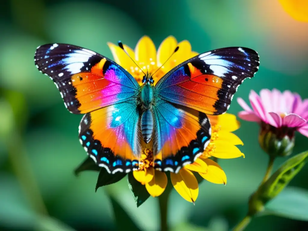 Una mariposa iridiscente posada en una flor vibrante, despliega sus alas con patrones detallados