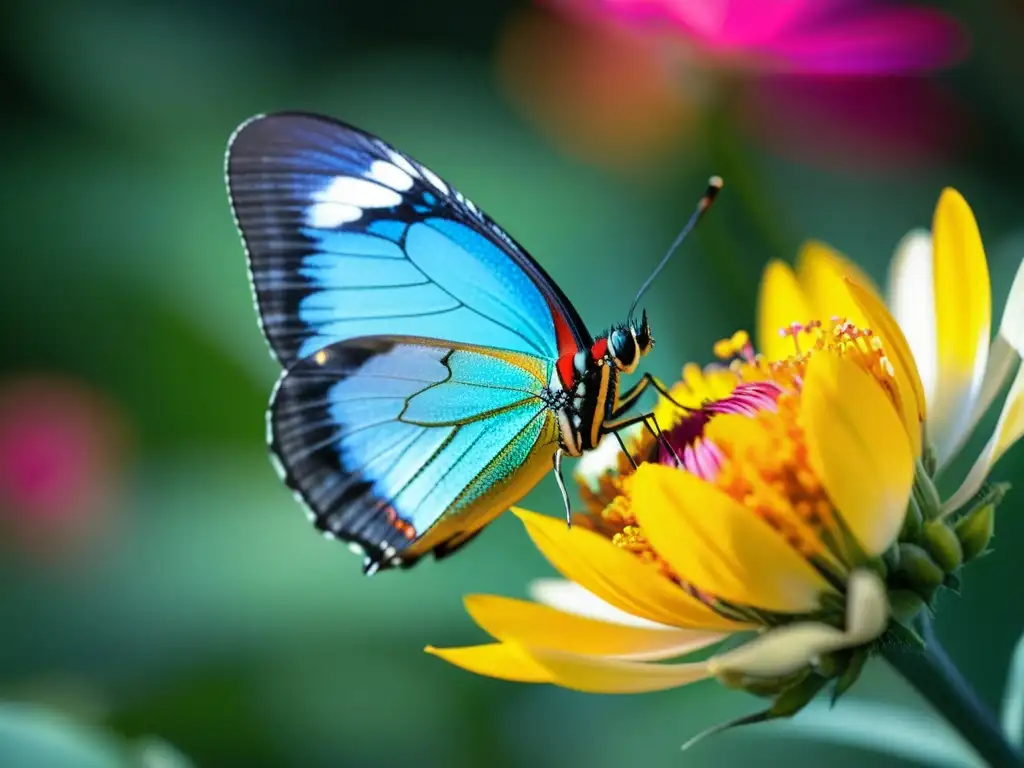 Mariposa iridiscente posada en flor, detallando patrones y texturas de alas