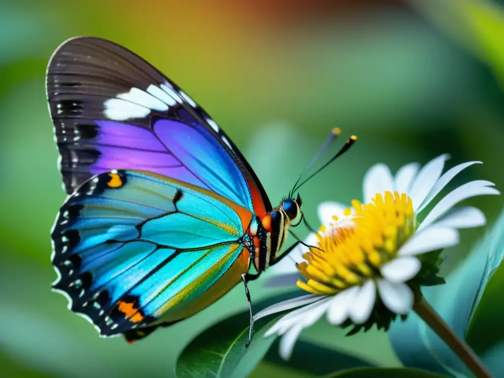 Una mariposa iridiscente posada en una flor, con sus alas y detalles finos a la vista