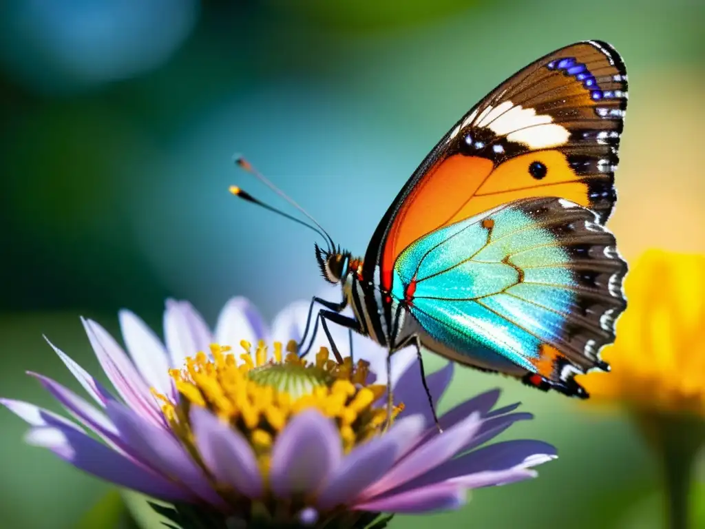 Una mariposa iridiscente posada en una flor, con sus alas detalladas y delicadas, capturando la filosofía de la conciencia en insectos