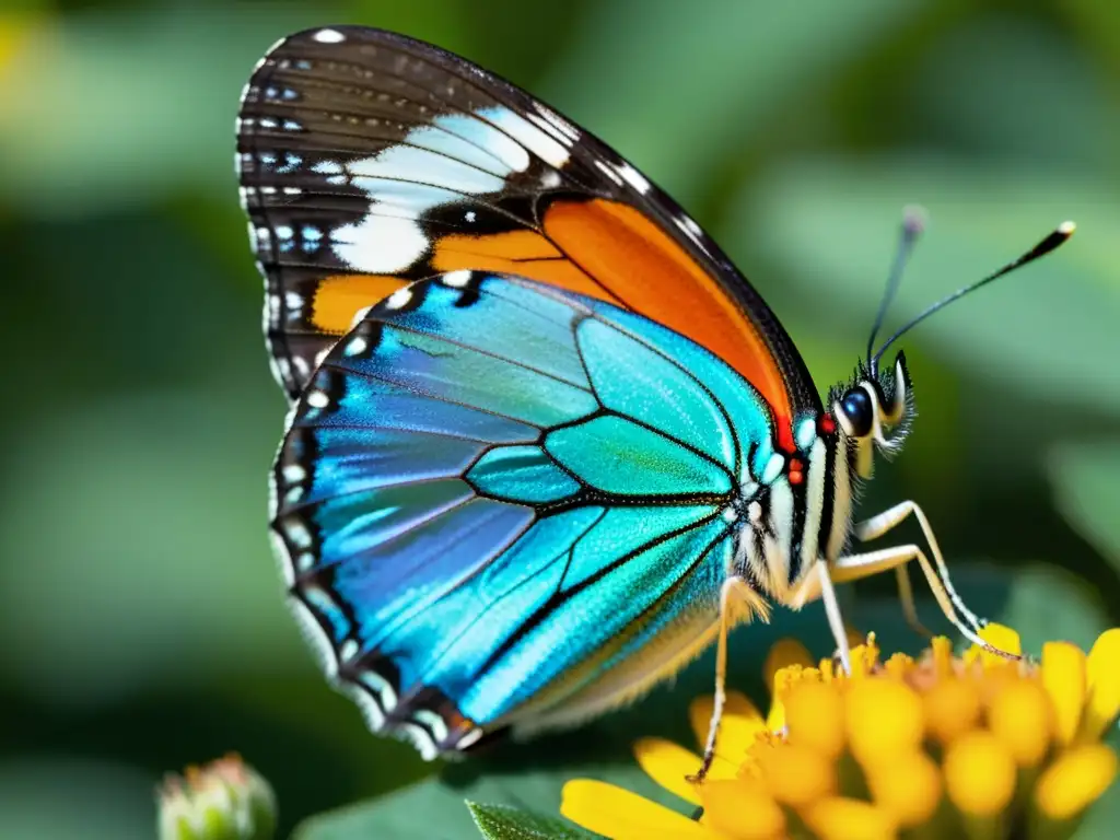 Una mariposa iridiscente posada en una flor, capturando la belleza del colección ético de insectos sin dañar en su hábitat natural