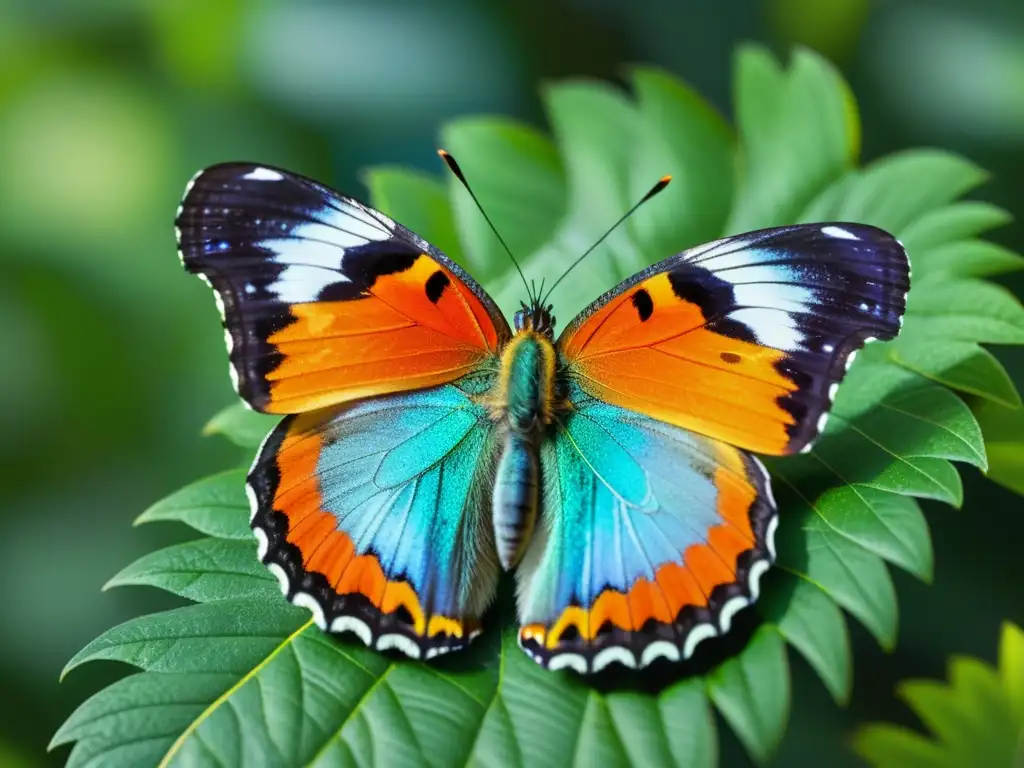 Mariposa iridiscente posada en hoja verde, mostrando patrones y colores vibrantes