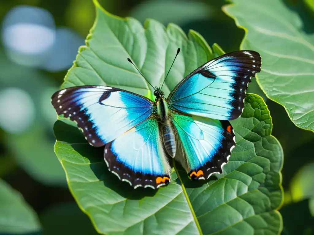 Una mariposa iridiscente posada en una hoja verde, exudando belleza natural y tranquilidad