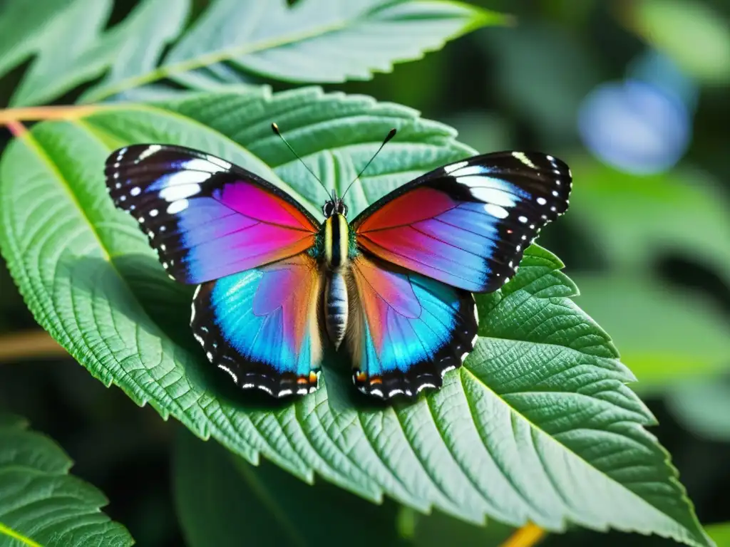 Mariposa iridiscente posada en hoja verde, despliega alas detalladas con gossamer