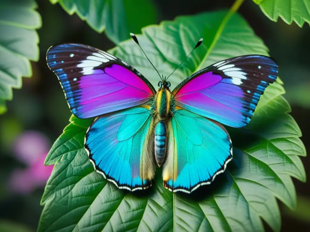 Una mariposa iridiscente posada en una hoja verde exuberante