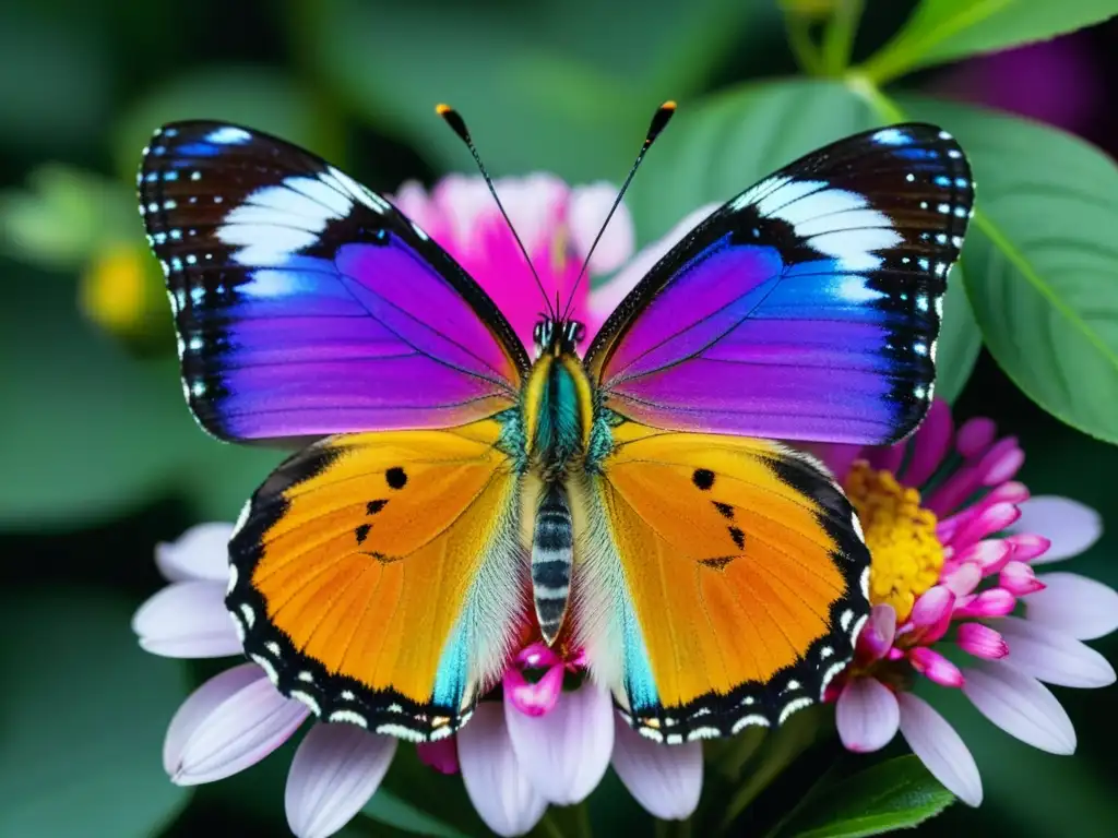 Mariposa iridiscente posada en pétalo de flor, reflejando la divulgación científica sobre insectos en redes sociales