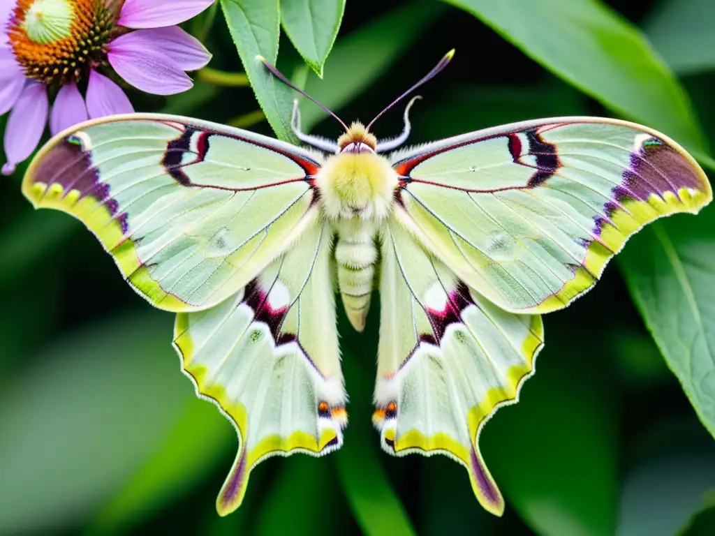 Una mariposa Luna reposa delicadamente en una flor morada, revelando la belleza de las mariposas nocturnas comportamiento y ecología