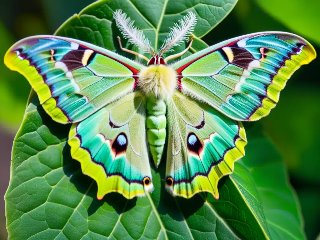 Una mariposa Luna verde descansa en una hoja, con sus delicadas alas y detalles intrincados, en un entorno natural