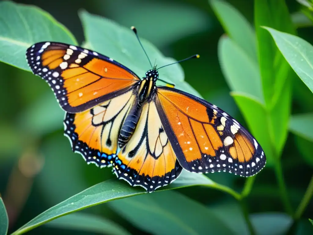 Una mariposa monarca colorida posada en una planta de algodoncillo verde, con detalles intrincados en sus alas y hojas