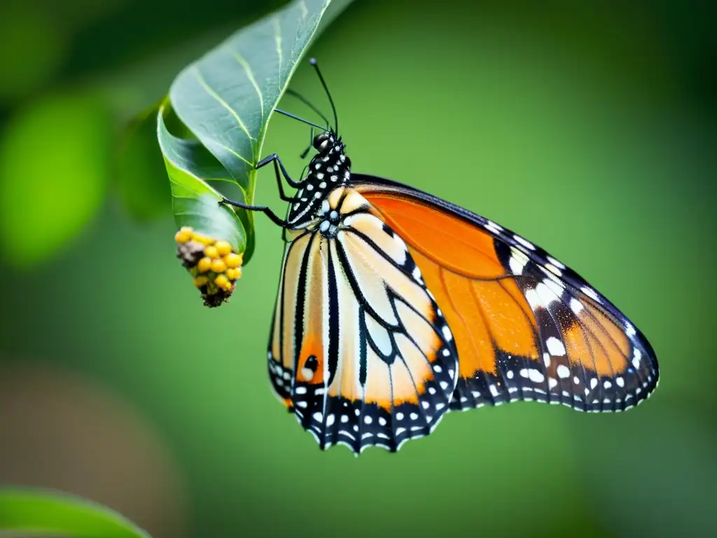 Una mariposa monarca emerge de su crisálida con alas vibrantes, en un escenario de hojas verdes